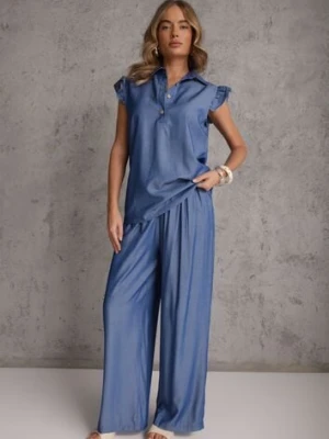 Niebieski Komplet z Wiskozą Bluzka z Kołnierzem i Spodnie Wide Leg Naunne ambitionfly