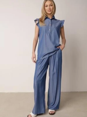 Niebieski Komplet z Wiskozą Szerokie Spodnie i Bluzka z Kołnierzykiem Nautiviane ambitionfly