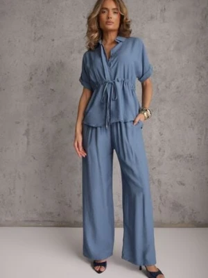 Niebieski Komplet z Wiskozy Spodnie Wide Leg i Bluzka ze Ściągaczem w Talii Daemnell cflo