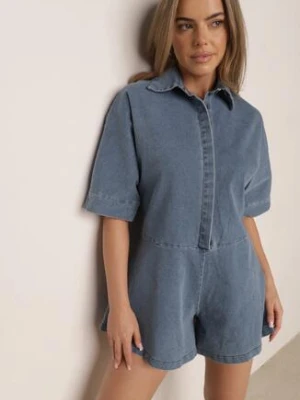 Niebieski Krótki Kombinezon Jeansowy z Kołnierzykiem w Stylu Retro Aelixera retro & icone