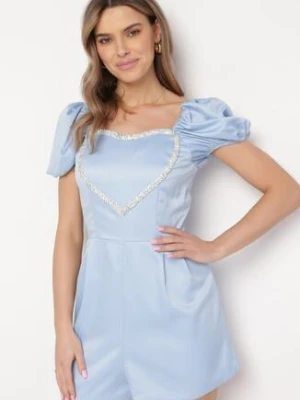 Niebieski Krótki Kombinezon ze Zdobieniem z Cyrkonii w Kształcie Serca Nanthelle elsa.m by may