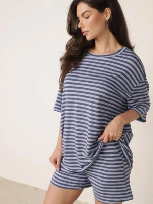 Niebieski Letni Komplet Oversize z Wiskozy w Paski T-Shirt i Szorty Agathona jumelle