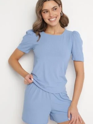 Niebieski Prążkowany T-shirt z Zakładkami przy Rękawach Kolanovia glo-story