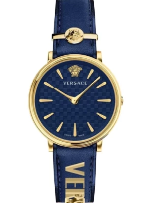 Niebieski Skórzany Zegarek Analogowy Elegancki Stylowy Versace