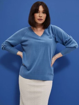 Niebieski sweter akrylowy damski ze ściągaczem z tyłu Moodo