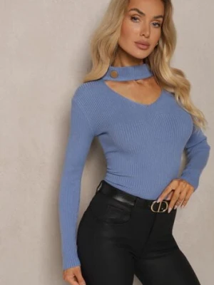 Niebieski Sweter Golf z Ozdobnym Wycięciem Przy Dekolcie Erticia j&x