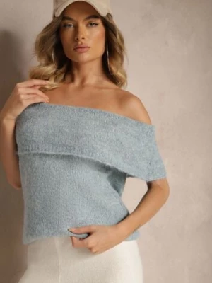 Niebieski Sweter Top z Hiszpańskim Wywijanym Dekoltem z Wełną Inarose