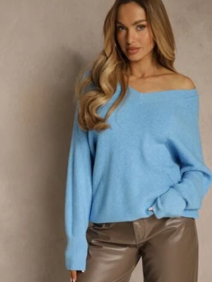 Niebieski Sweter z Dodatkiem Kaszmiru i Trójkątnym Dekoltem Silefera