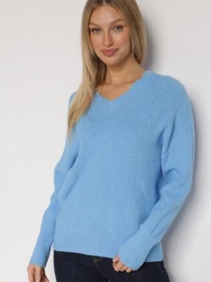 Niebieski Sweter z Domieszką Kaszmiru z Dekoltem w Serek Feralaine