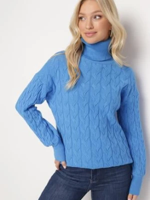 Niebieski Sweter z Golfem w Warkoczowy Splot ze Ściągaczami Maraiwai wool fashion