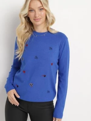 Niebieski Sweter z Kaszmirem i Naszywkami w Serca Juviena