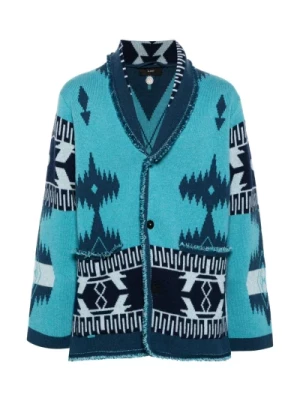 Niebieski Sweter z Kaszmiru z Wzorem i Frędzlami Alanui