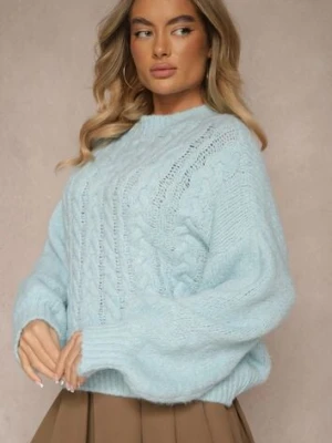 Niebieski Sweter z Wełną o Eleganckim Warkoczowym Splotem Makkaria