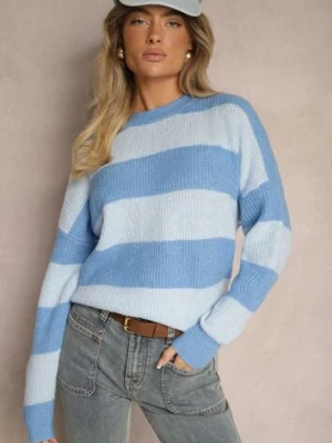 Niebieski Sweter ze Ściągaczami Ozdobiony Pasami z Wełną Tiarosea acajo