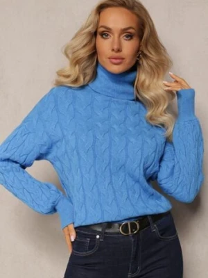 Niebieski Sweterkowy Golf o Warkoczykowym Splocie Taitusi wool fashion
