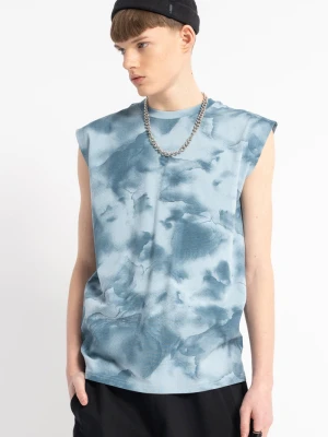 Niebieski t-shirt bez rękawów z nadrukiem na całości Reporter