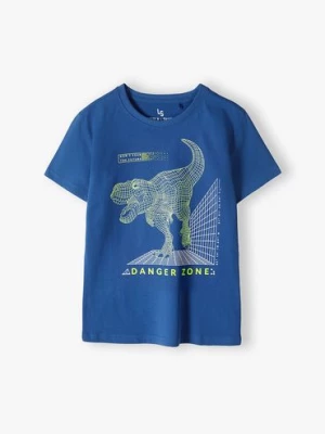 Niebieski t-shirt chłopięcy bawełniany z nadrukiem dinozaura Lincoln & Sharks by 5.10.15.