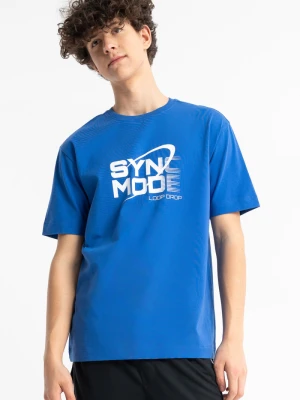 T-shirt chłopięcy loose, z grafiką z przodu, niebieski Reporter