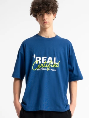 T-shirt chłopięcy loose, z grafiką z przodu, niebieski Reporter