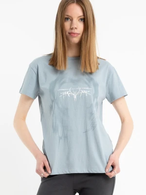 Niebieski t-shirt z autorską grafiką z przodu Reporter Young