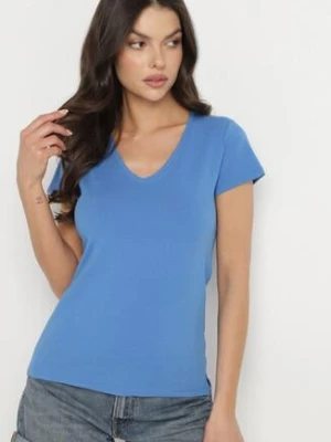 Niebieski T-shirt z Bawełny z Dekoltem w Serek Liniviela basic