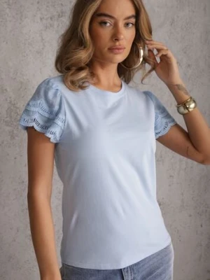 Zdjęcie produktu Niebieski T-shirt z Bawełny z Rękawami z Koronki Hycis ambitionfly
