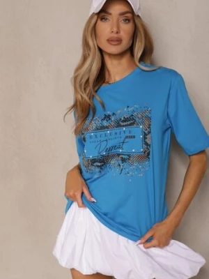 Niebieski T-shirt z Bawełny Zdobiony Nadrukiem z Cyrkoniami Idelunea glo-story