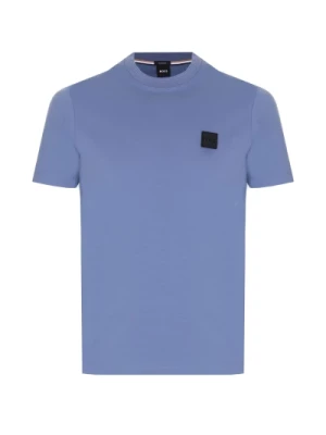 Niebieski T-shirt z logo na dekolcie Boss
