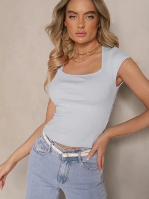 Niebieski T-shirt z Wiskozą o Dopasowanym Kroju z Kwadratowym Dekoltem Alathia elsa.m by may