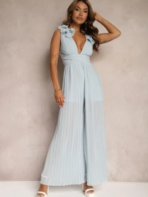 Niebieski Taliowany Koktajlowy Kombinezon z Szerokimi Nogawkami Ozdobiony Falbanami Gealfrea allyson