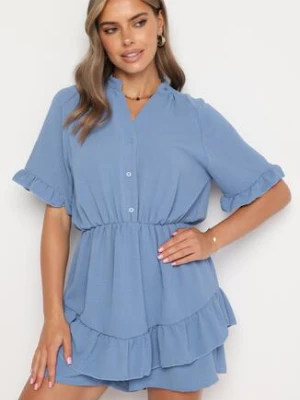 Niebieski Taliowany Kombinezon z Gumką w Talii i Ozdobną Falbanką przy Rękawach Nanselena lovery