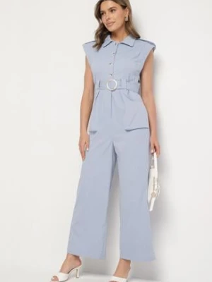 Niebieski Taliowany Kombinezon z Guzikami i Cyrkoniami Lumalise j&x