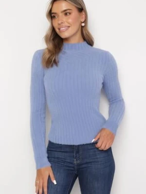 Niebieski Wełniany Sweter Prążkowany z Długim Włosiem Aryndra j&x