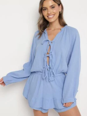 Niebieski Wiązany Bawełniany Kombinezon Boho z Falbankami i Wiązaniem Lalelia jumelle