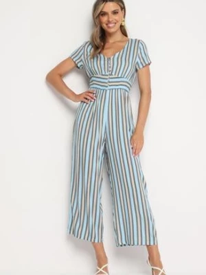 Niebieski Wiskozowy Kombinezon z Guzikami przy Dekolcie i Elastyczną Gumką w Talii Tinaleias rosa