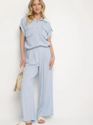 Niebieski Wiskozowy Komplet Koszula z Ozdobnymi Kieszeniami i Spodnie Rinesella unigirl