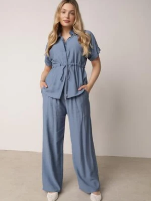 Niebieski Wiskozowy Komplet Spodnie i Bluzka Koszulowa z Wiązaniem w Talii Irinryss cflo