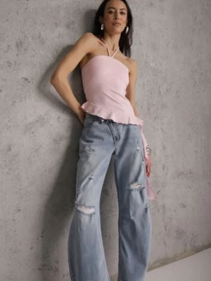 Niebieskie Asymetryczne Jeansy Balloon z Bawełny z Przetarciami i Dziurami Nedissa