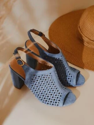 Niebieskie Ażurowe Sandały na Obcasie ze Skórzaną Wkładką Linwena