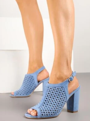 Niebieskie Ażurowe Sandały na Obcasie ze Skórzaną Wkładką Linwena