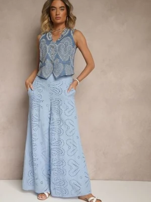 Niebieskie Ażurowe Spodnie z Bawełny High Waist o Szerokim Kroju Evinassa rosa