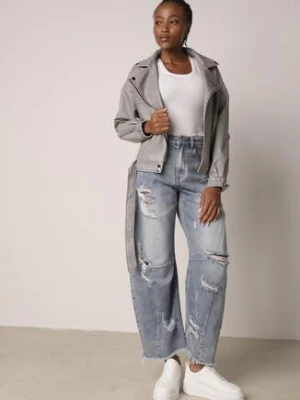 Niebieskie Bawełniane Jeansy Balloon z Wysokim Stanem i z Prztarciami Dziurami Typhaea