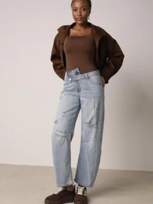 Niebieskie Bawełniane Jeansy o Asymetrycznym Kroju Typu Balloon z Dziurami Nediara