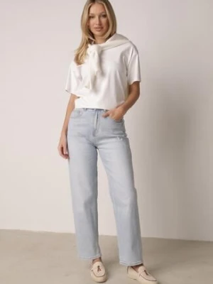 Niebieskie Bawełniane Jeansy o Kroju Mom Fit z Wysokim Stanem i Paskiem Pribena