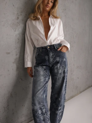 Niebieskie Bawełniane Jeansy Slouchy z Kwiatowym Wzorem w Stylu Haftowania Felizita Milas91