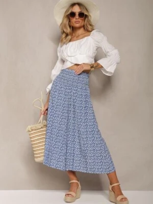 Niebieskie Bawełniane Spodnie Culottes z Szeroką Gumką w Pasie i Kwiatowym Printem Pellagia defox