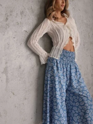 Niebieskie Bawełniane Spodnie z Szerokimi Nogawkami 7/8 i Gumką w Pasie Elenthe defox