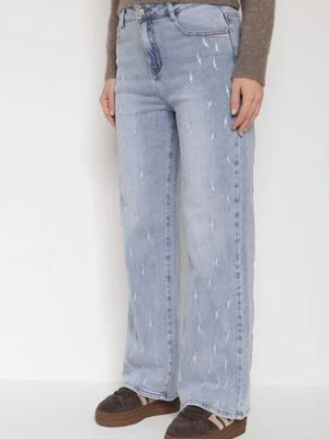 Niebieskie Bawełniane Szerokie Jeansy z Wysokim Stanem i Przetarciami Lilinryss