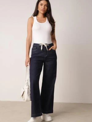 Niebieskie Bawełniane Szerokie Jeansy z Wysokim Stanem Ozdobione Wiązaniem Lilinieth