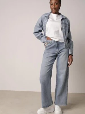 Niebieskie Bawełniane Szerokie Jeansy z Wysokim Stanem Wycięciami i Perełkami Felatia hello miss